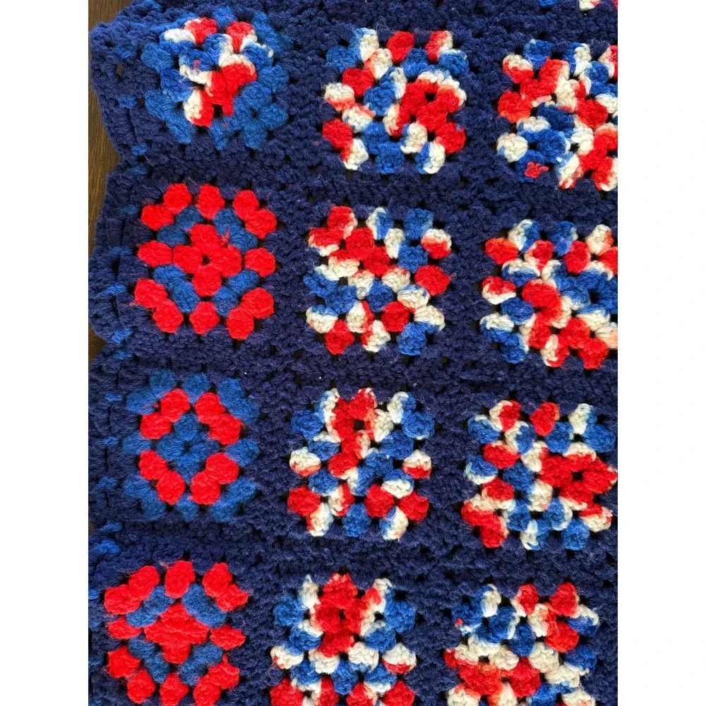 VTG Handmade Patriotic Granny Square Blanket Red White Blue Crochet Afghan 35x50
